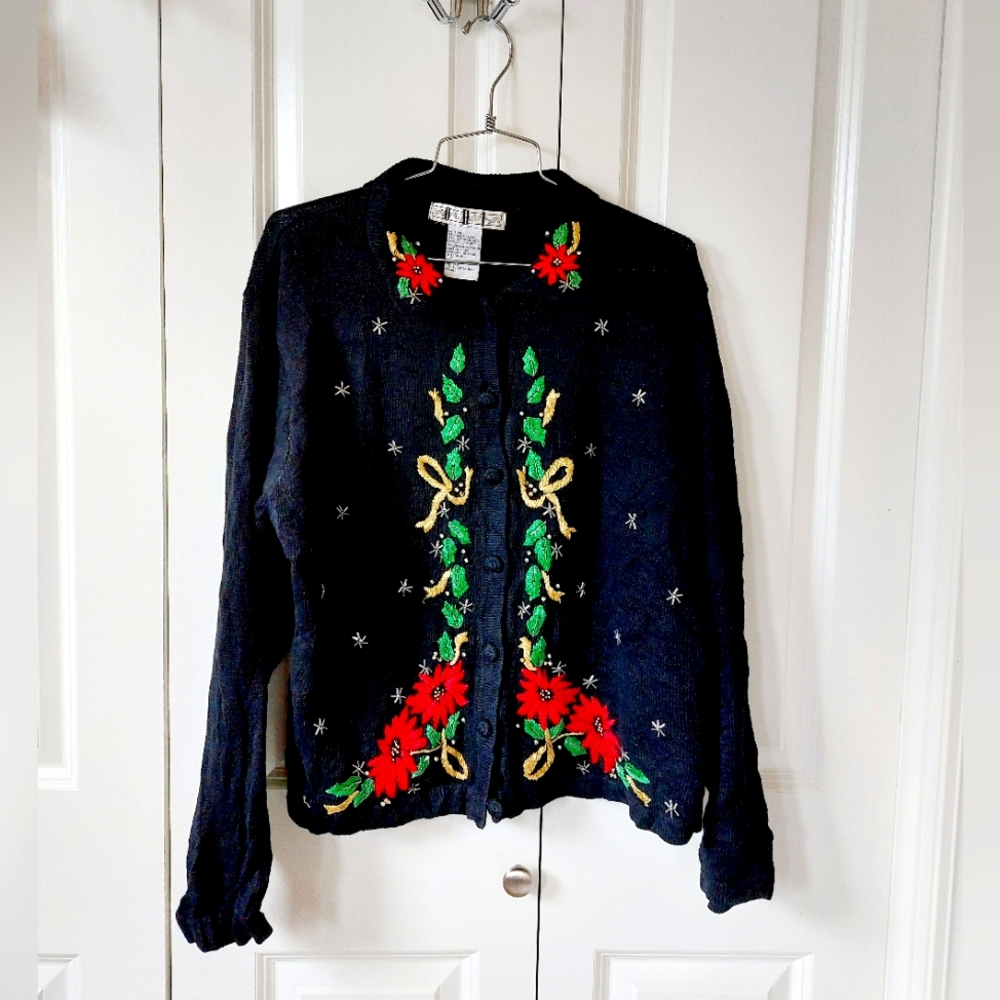 Beaded Vintage Poinsettia & Holly Christmas Sweater‎ size Large OHI